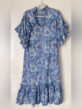 fitzroy&willa Blue White Floral Shift Dress V-Neck Ruffle Flutter Sleeve S